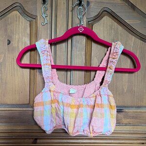 American Eagle Women's Pink and Yellow Plaid Mini Top